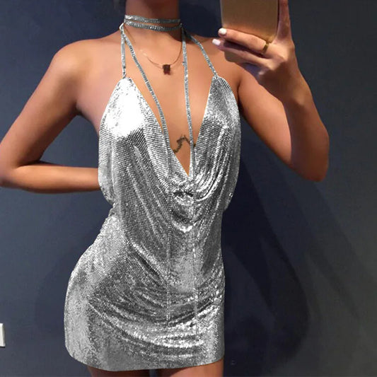 Sequin Halter Backless Metal Party Dress