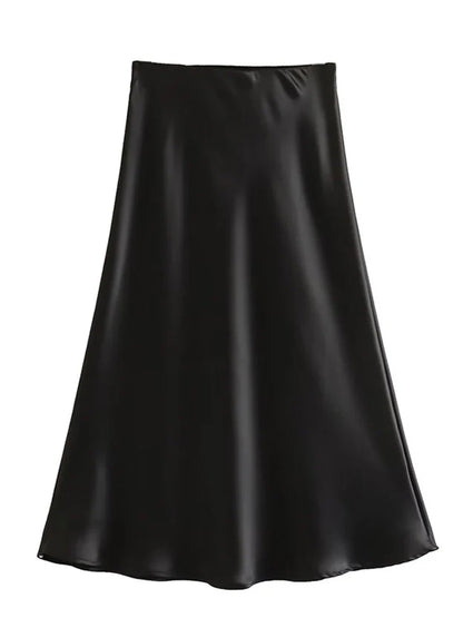Solid Satin Elastic Waist Summer Slim A-Line Skirt