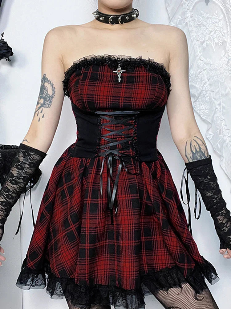 Gothic Contrast Straples Tube Top Bodycon Dress