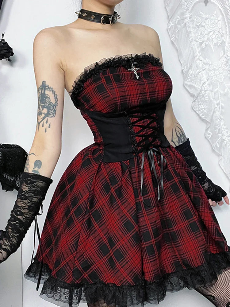 Gothic Contrast Straples Tube Top Bodycon Dress