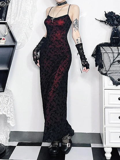 Floral Flocking Sleeveless Lolita Fairy Vintage Witchy Camisole Grunge Harajuku Dress