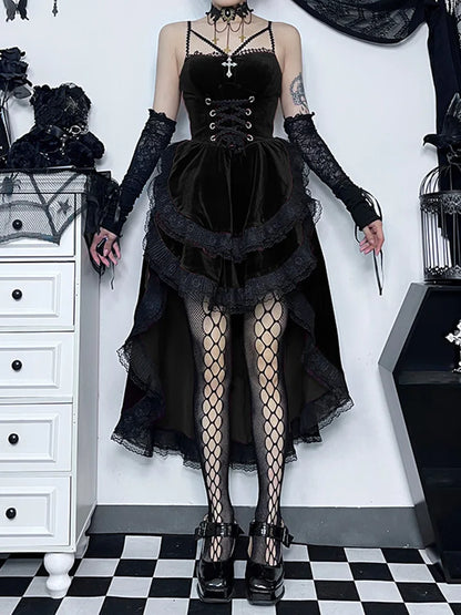 Low Swing Cocktail Party Vintage Goth Lace Smocked Elastic Waist Pleated Flowy Bodycon Dress