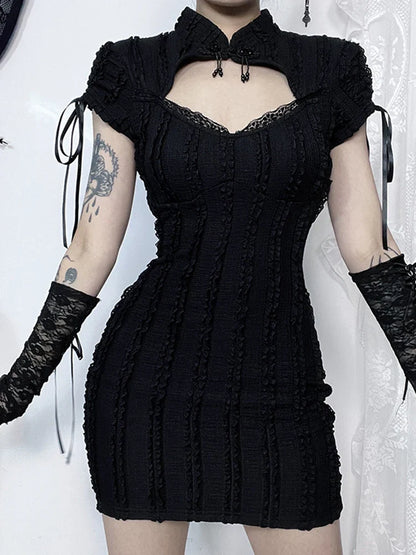 Gothic Hollow Out Vertical Collar Short Sleeve Vertical Texture Knitted Hip Dress