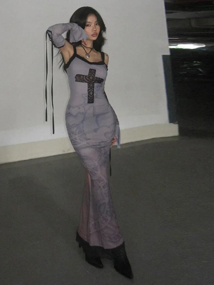 Gothic Lace Oversleeve Vintage V Neck Sleeveless Bodycon Halloween Cocktail Dress