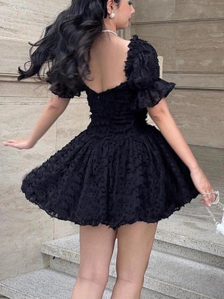 Lolita Summer Vintage High Waist Black Ball Gown Goth Aesthetic Puff Sleeve V-neck Corset Mini Dress