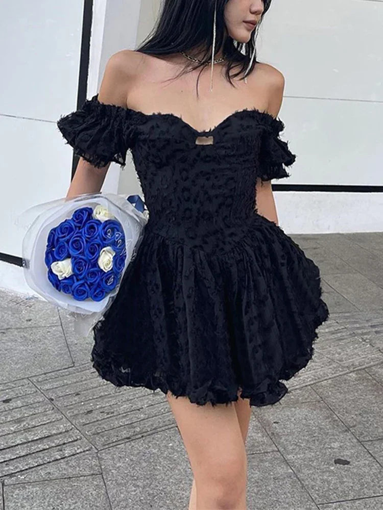 Lolita Summer Vintage High Waist Black Ball Gown Goth Aesthetic Puff Sleeve V-neck Corset Mini Dress