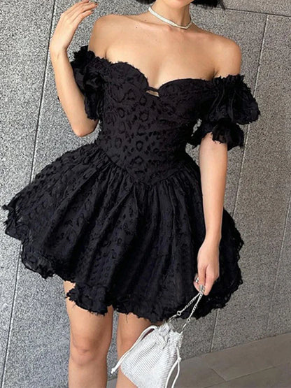 Lolita Summer Vintage High Waist Black Ball Gown Goth Aesthetic Puff Sleeve V-neck Corset Mini Dress