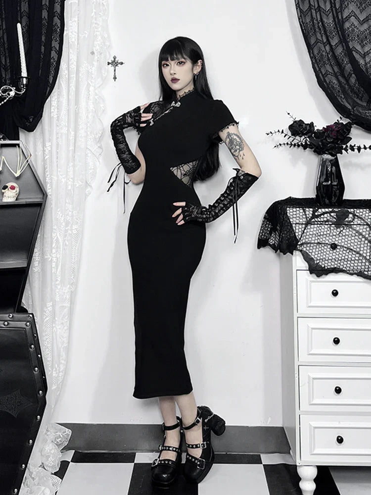 Spliced Cheongsam Vintage Lace Patchwork Bodycon Slim Chinese Short Sleeveless Dress