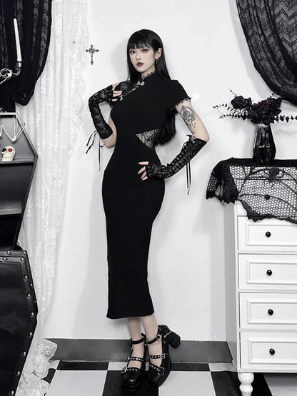 Spliced Cheongsam Vintage Lace Patchwork Bodycon Slim Chinese Short Sleeveless Dress