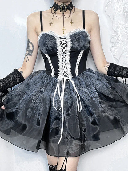 Gothic Spliced Printed Suspender Corset A Line Vintage Sexy Kawaii Mini Dress