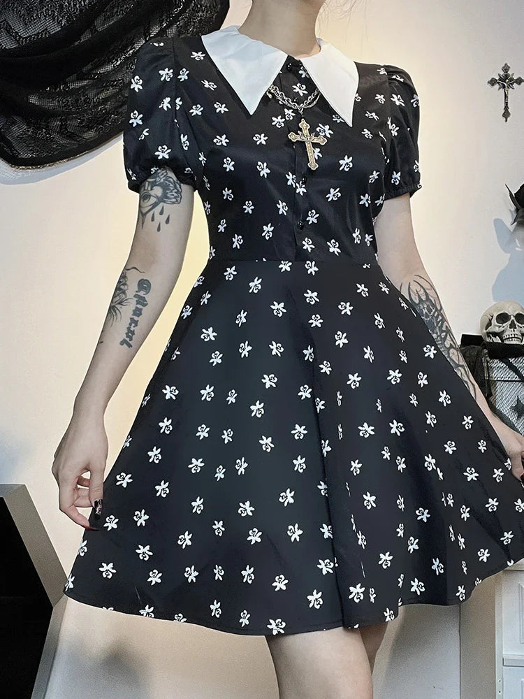 Gothic Turn Down Collar A-Line Punk Print Short Sleeve Swing Cloak Bodycon Dress