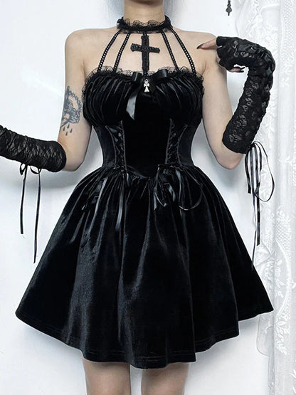 Velvet Criss-Cross Halter Vintage Draped Lace Sleeveless Bodycon Backless A-Line Dress