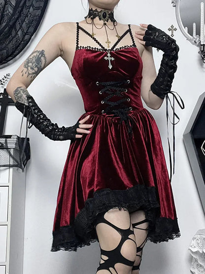 Gothic Velvet Vintage Spaghetti Strap Lace Up Romantic Casual Fashion Dress