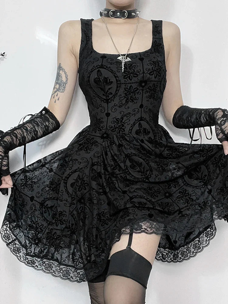 Gothic Vintage Lace Patchwork Sleeveless Draped Spaghetti Strap Bodycon Cami Dress