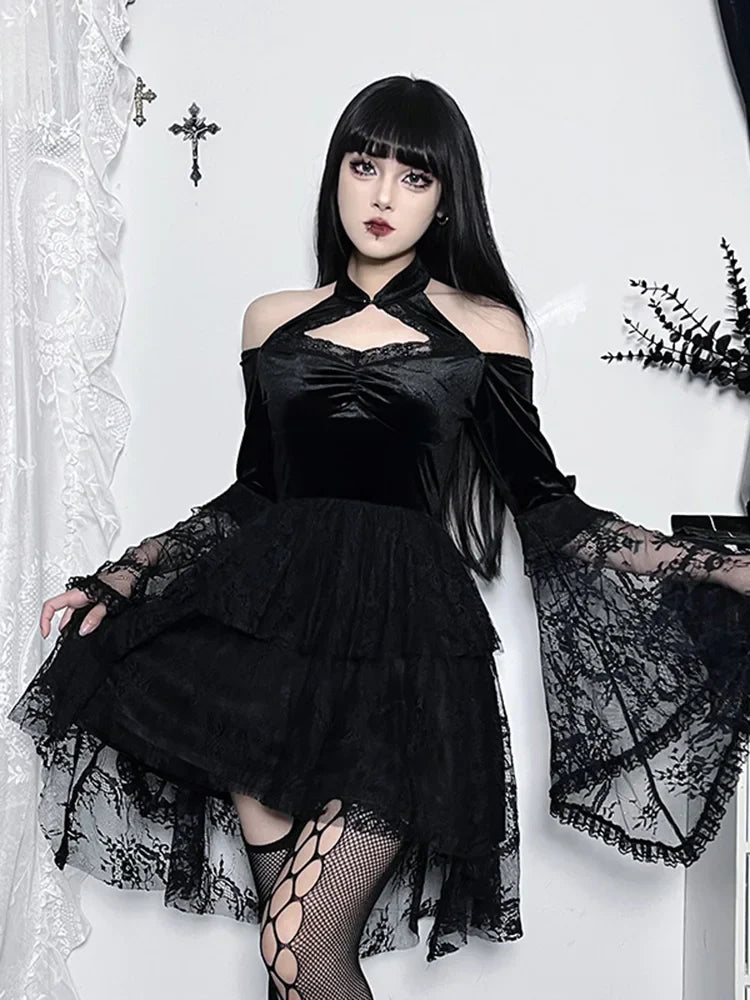Gothic Vintage Off Shoulder Lace Cocktail Party Velvet Mesh Long Sleeves Halloween Cosplay Dress