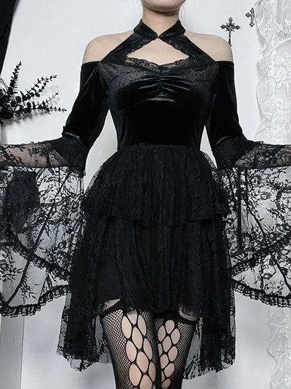 Gothic Vintage Off Shoulder Lace Cocktail Party Velvet Mesh Long Sleeves Halloween Cosplay Dress