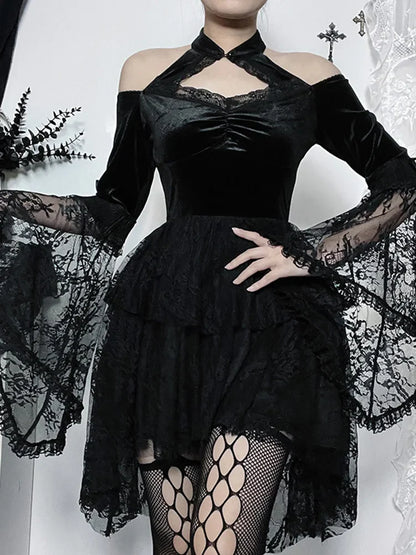 Gothic Vintage Off Shoulder Lace Cocktail Party Velvet Mesh Long Sleeves Halloween Cosplay Dress