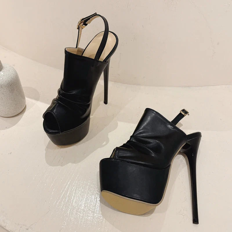 Summer Cozy Pleated Leather Super High Heel Peep Toe High Heel