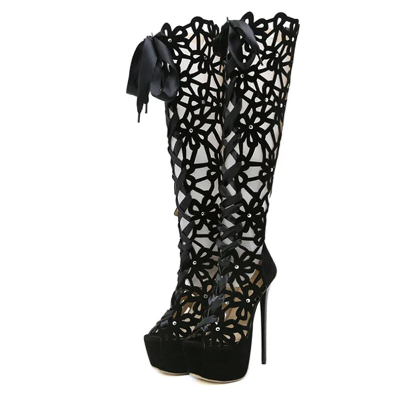 Summer Roma Style Hollow Out Cross Lace-Up Super Thin Heels High Heel