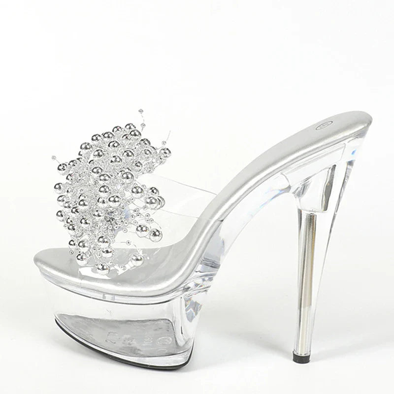 Stylish  Summer Transparent Silver Pearl Open Toe High Heel High Heel
