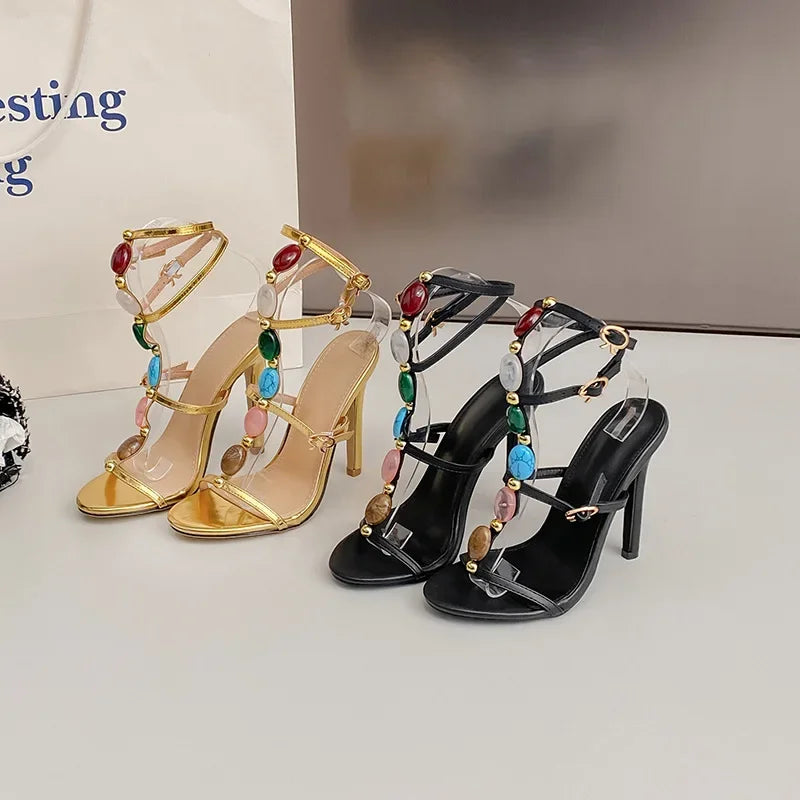 Luxury Colorful Pearl Decoration Peep Toe Buckle Strap 11Cm Thin High Heel High Heel