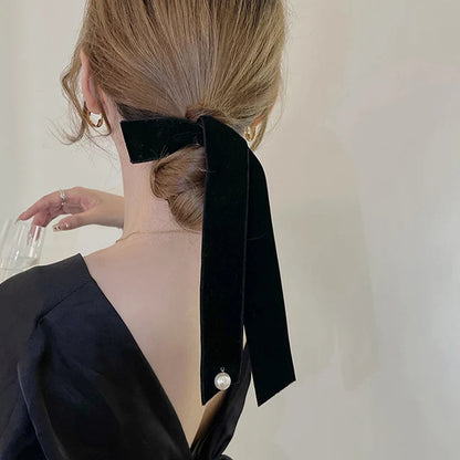 Velvet Ribbon Pearl Top Clip - Christmas Hair Accessory