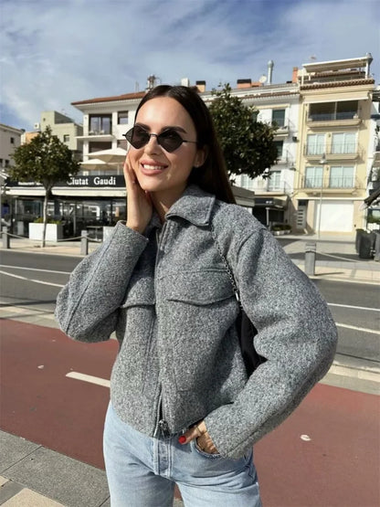 New Fashion Pockets Grey Front Zipper Cropped Vintage Lapel Chic Coat