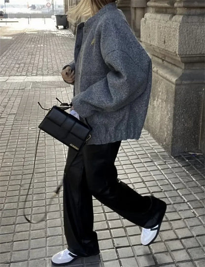 New Fashion Pockets Grey Front Zipper Cropped Vintage Lapel Chic Coat