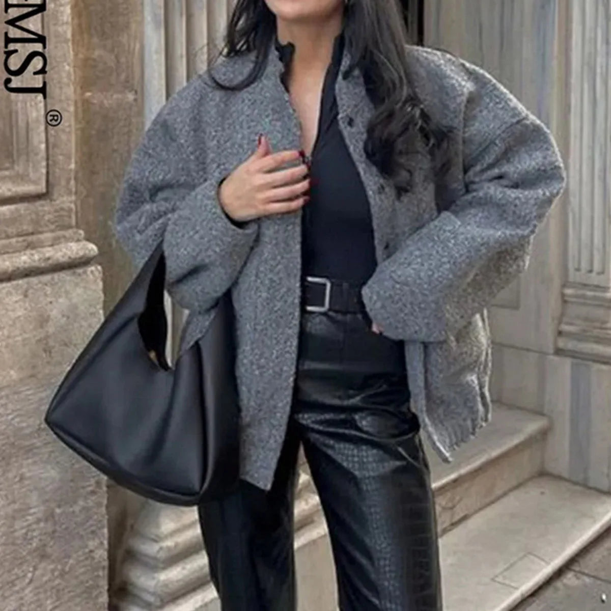 New Fashion Pockets Grey Front Zipper Cropped Vintage Lapel Chic Coat