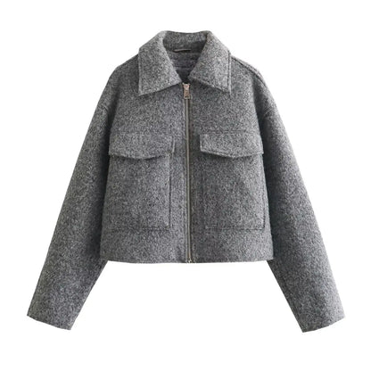 New Fashion Pockets Grey Front Zipper Cropped Vintage Lapel Chic Coat