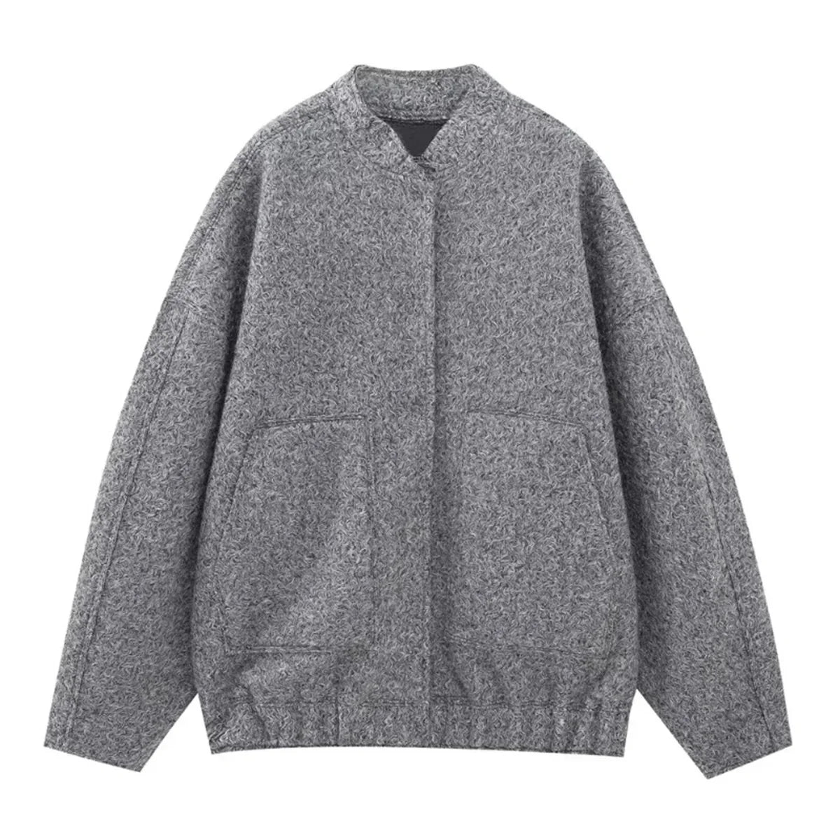 New Fashion Pockets Grey Front Zipper Cropped Vintage Lapel Chic Coat