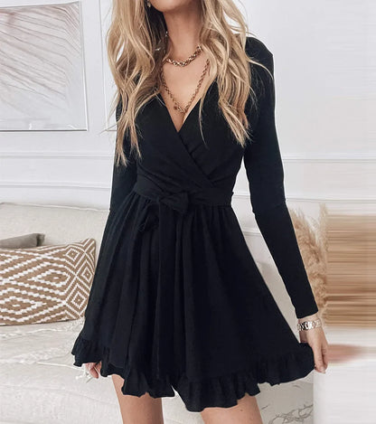 Lace Up Ruffle V Neck Midi Dress