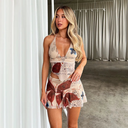 DressBetty - Sexy Deep V-neck Floral Halter Mini Skirt