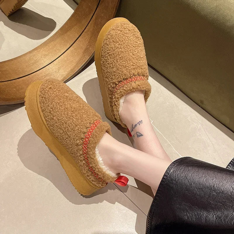New Warm Fur Ankle Boots Women Flats Platform Slippers Plush Flip Flops Winter Cotton Shoes for Women Brand Design Snow Botas