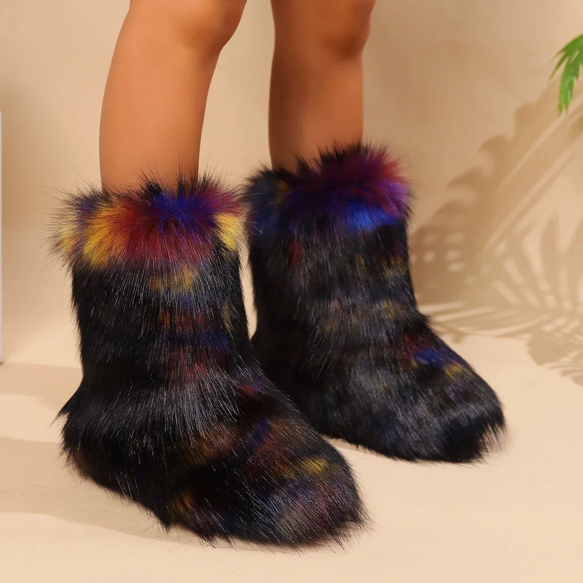 New Women's Winter Snow Boots Outdoor Luxury Furry Faux Fox Fur New Fashion Boots WomanPlush Warm Platform Shoes Bottes
