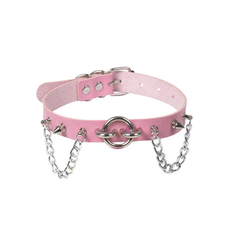 Personality O-ring Rivet Chain Punk Leather Gothic Necklace