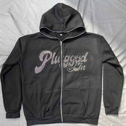 Rhinestone Letter Zipper Hoodie