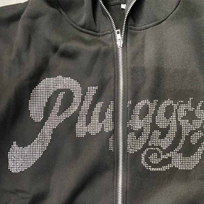 Rhinestone Letter Zipper Hoodie
