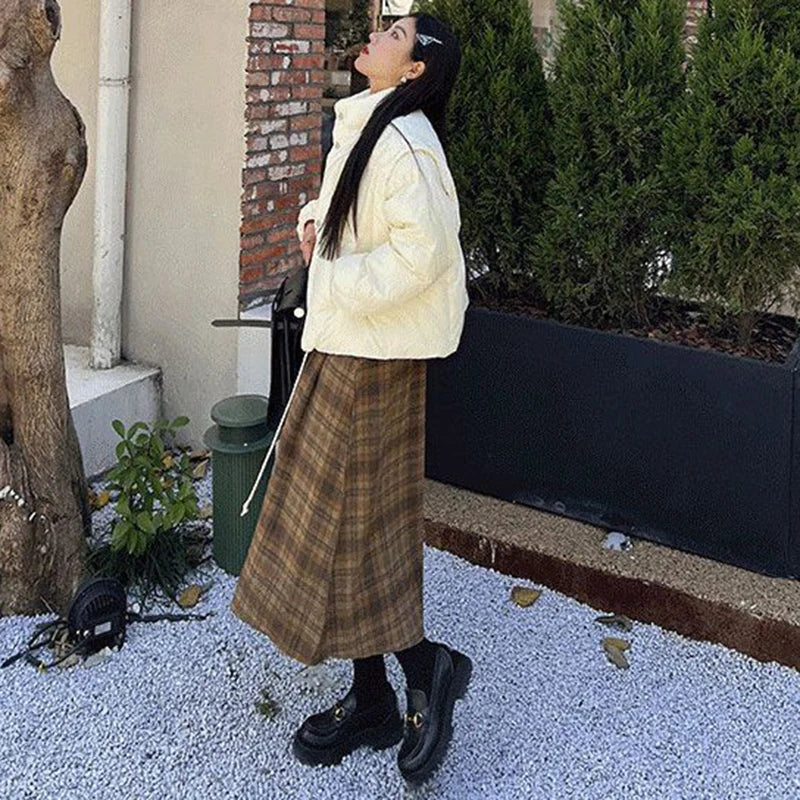 DressBetty - Vintage Woolen Plaid High Waist A-Line Midi Skirt