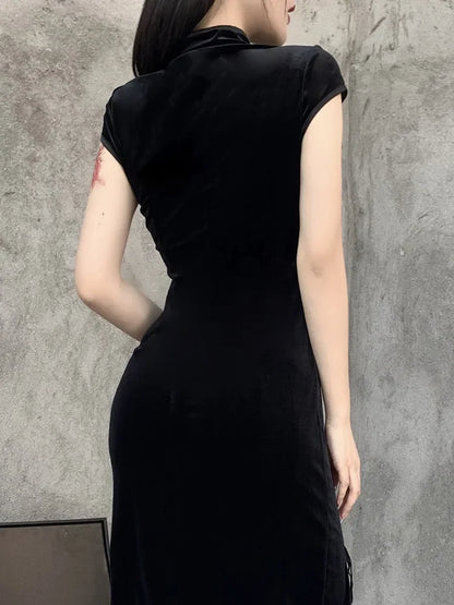 Gothic Velvet Slit Black Midi Dress
