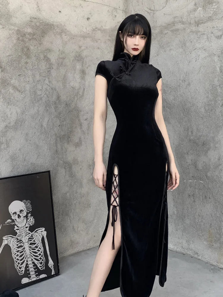 Romantic Gothic Velvet Aesthetic Dresses Vintage Women Black Bandage SlitHem Bodycon Dress Sexy Evening Wear Cheongsam