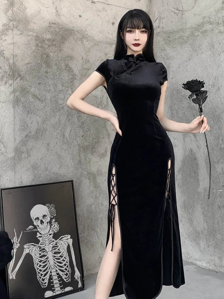 Romantic Gothic Velvet Aesthetic Dresses Vintage Women Black Bandage SlitHem Bodycon Dress Sexy Evening Wear Cheongsam