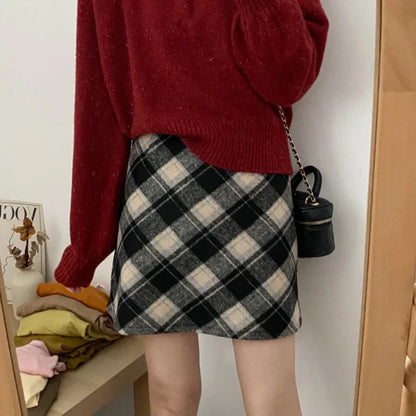 Mini Plaid A-line Red Style All-match Woolen Daily Skirt