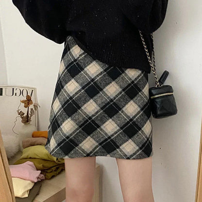 Mini Plaid A-line Red Style All-match Woolen Daily Skirt