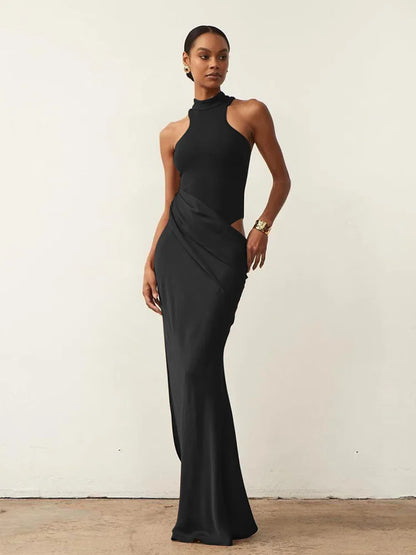 Satin Hollow Out Black Maxi Dress