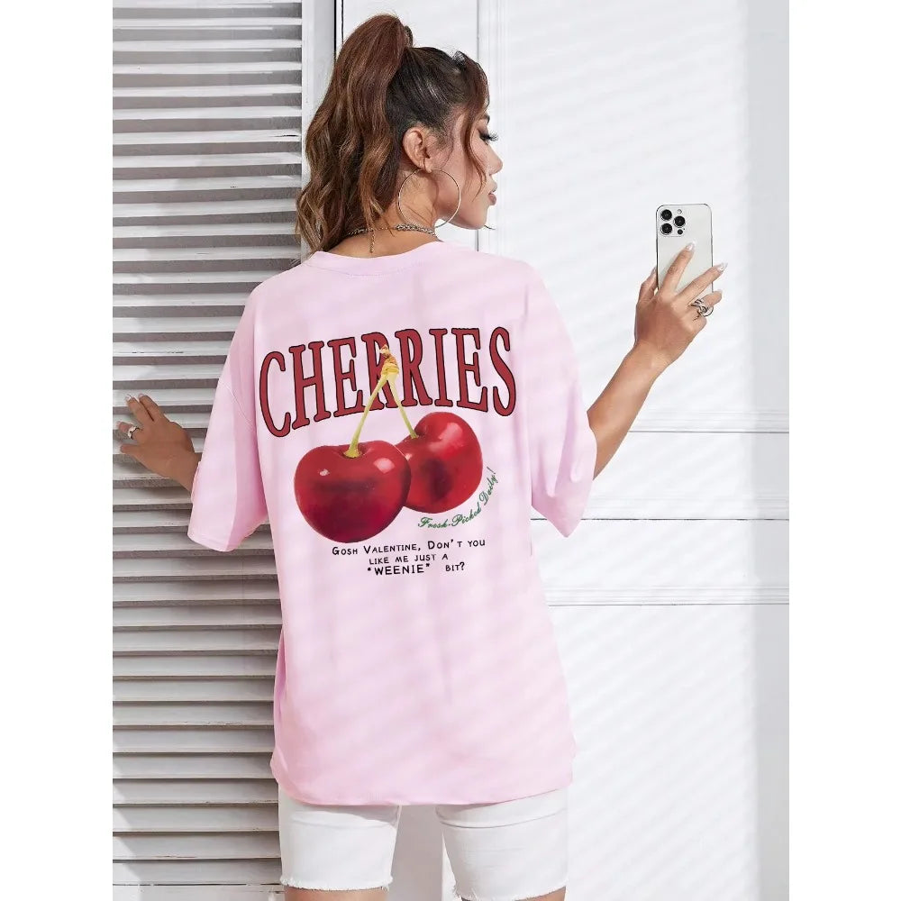 Cherry Print Loose Cotton T-shirt