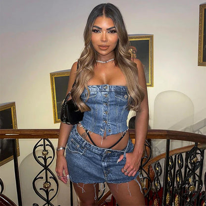 Pocket Button Denim Vest Strapless