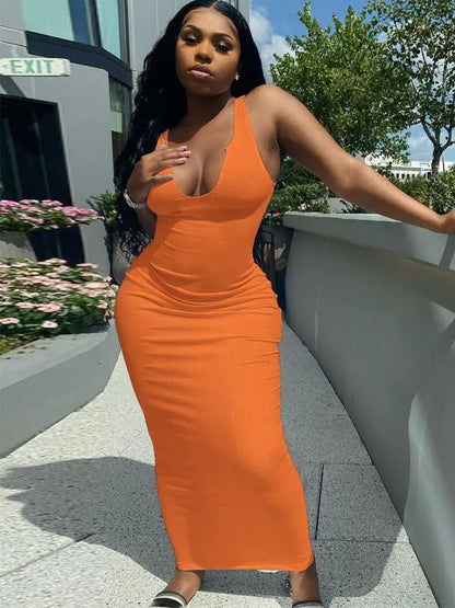 Ribbed Stripe Sleeveless V-neck Midi Dress