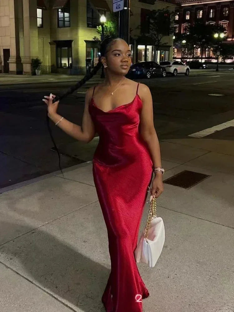 Elegant Satin Backless Spaghetti Strap Slip Dress