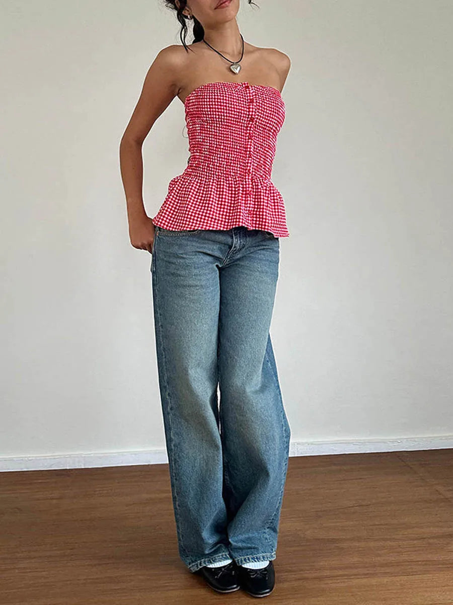 Red Gingham Ruffle Hem Strapless